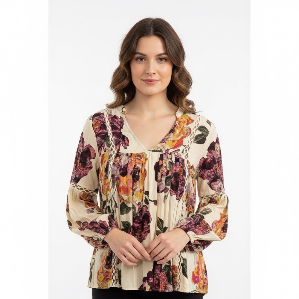 Oddy Women's S Floral Boho Blouse Ivory Multicolor Cold‎ Shoulder